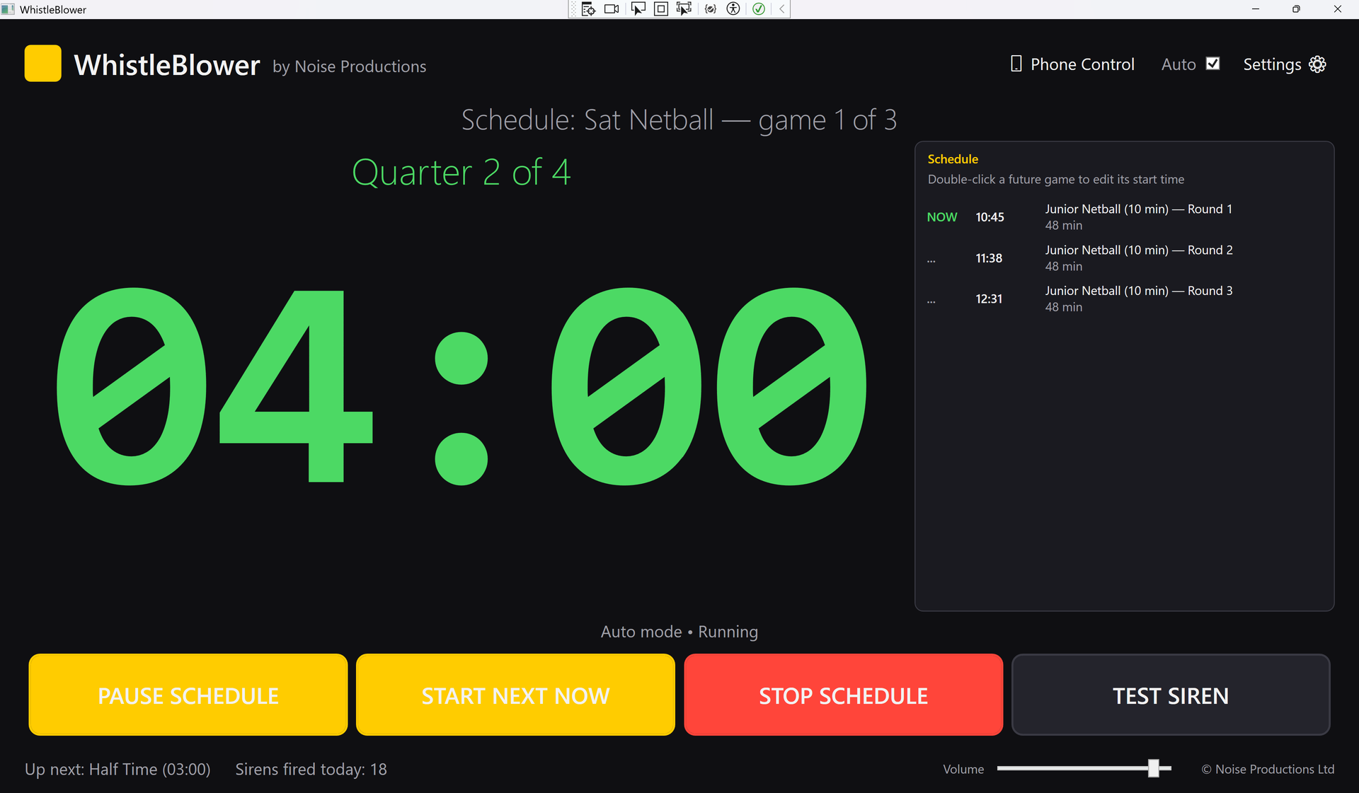WhistleBlower running a netball schedule